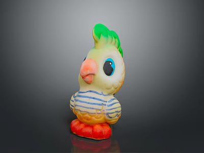 Toy Parrot With Green Crest Large Blue Eyes Orange Beak Striped Body And Orange Feet 3d model