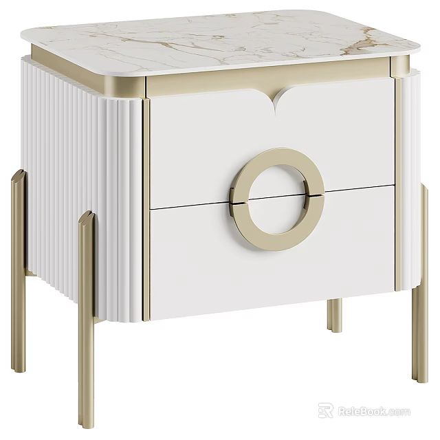 Modern Bedside Table With White Body Gold Accents Marble Top And Circular Handle 3d model 