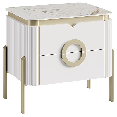 Modern Bedside Table With White Body Gold Accents Marble Top And Circular Handle 3d model