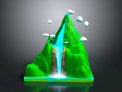 3D Green Mountain Landscape With Flowing Blue Waterfall And White Clouds 3d model