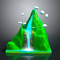 3D Green Mountain Landscape With Flowing Blue Waterfall And White Clouds