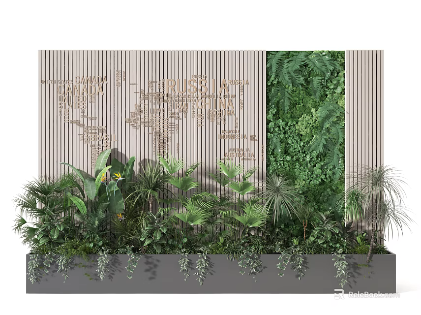 Lush Vertical Garden Design With Various Green Plants And Wooden Decorative Panels 3d model 