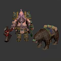 Fantasy Armored Warrior Character With Glowing Weapons And Bear Companion