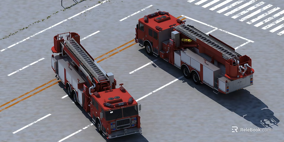 Two Red Fire Trucks with Ladders Parked in Open Area with White Ground Lines 3d model 