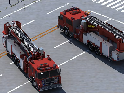Two Red Fire Trucks with Ladders Parked in Open Area with White Ground Lines 3d model