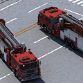 Two Red Fire Trucks with Ladders Parked in Open Area with White Ground Lines