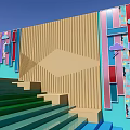Modern Building Facade Wall Featuring Geometric Patterns Colorful Decorations Steps and Floor Reflections 3d model