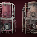 Industrial Storage Tanks With Metal Frames Pipes Valves And Red Rusted Finish