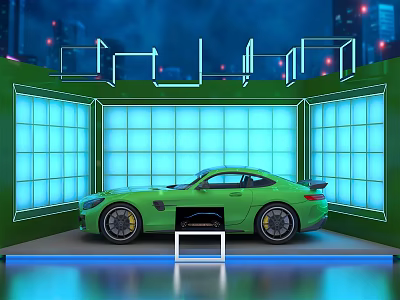 Green Sports Car Showcased On Modern Display Platform With Neon Lights And Blue Lighting 3d model