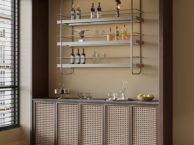 Modern Elegant Wine Cabinet With Metal Shelves Wine Bottles Glasses And Lattice Design 3d model