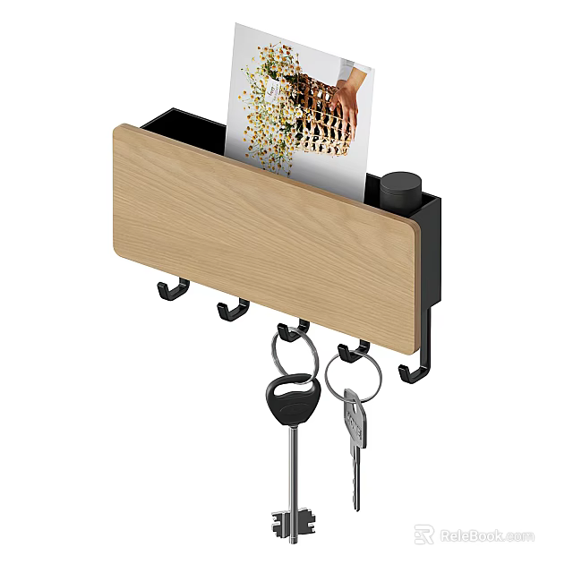 Wooden Wall Mounted Hook Rack With Key Holder And Card Storage Organizer 3d model 