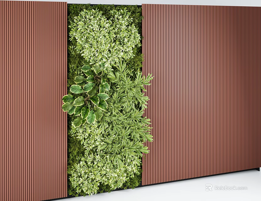 Modern Green Plant Wall with Various Green Plants and Brown Wall Panels Interior Design 3d model 