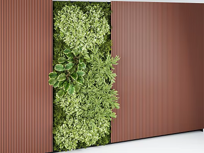 Modern Green Plant Wall with Various Green Plants and Brown Wall Panels Interior Design 3d model