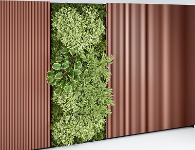 Modern Green Plant Wall with Various Green Plants and Brown Wall Panels Interior Design 3d model