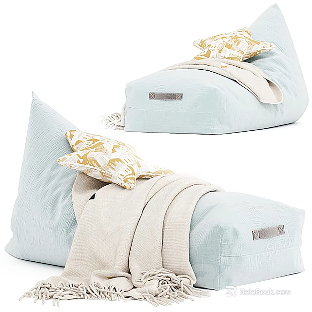 Light Blue Fabric Bean Bag Chair With Golden Floral Pillow And Beige Blanket 3d model 
