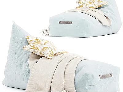 Light Blue Fabric Bean Bag Chair With Golden Floral Pillow And Beige Blanket 3d model
