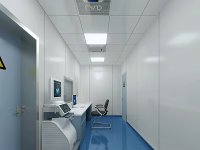 Cleanroom Interior With Blue Floor White Walls Workstation Chair Monitor And Warning Sign 3d model