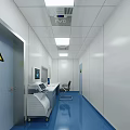 Cleanroom Interior With Blue Floor White Walls Workstation Chair Monitor And Warning Sign
