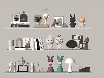 Decorative Ornaments Set on Shelves with Animal Figures Plants Photo Frames Books and Geometric Decor 3d model