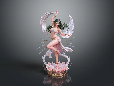 Elegant Female Statue With Flowing Wings And Clothing Standing On Pink Lotus Base 3d model