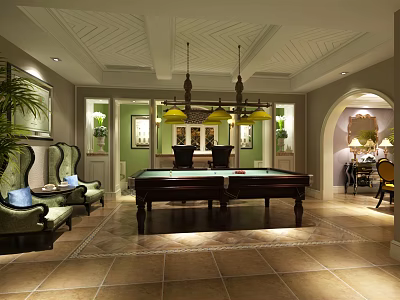 Elegant Billiard Room with Wooden Table Hanging Chandeliers Green Plants and Tiled Floor 3d model