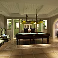 Elegant Billiard Room with Wooden Table Hanging Chandeliers Green Plants and Tiled Floor