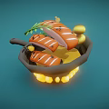 Grilled Sausages In Frying Pan With Herbs Lemon Slices And Flames On Blue Background