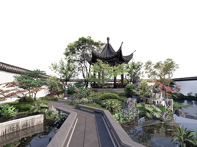 Chinese style garden landscape trestle pavilion plant combination waterscape courtyard overlapping water 3d model