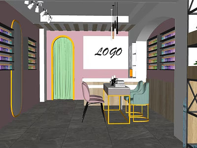 Beauty Hair Salon Interior Design With Pink Purple Walls Arched Doorway Bookshelves Tables And Chairs 3d model