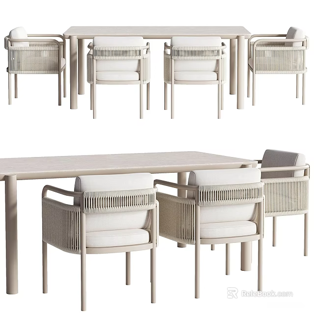 Modern Outdoor Table with Woven Rattan Chairs Light Beige Design for Patio Garden 3d model 