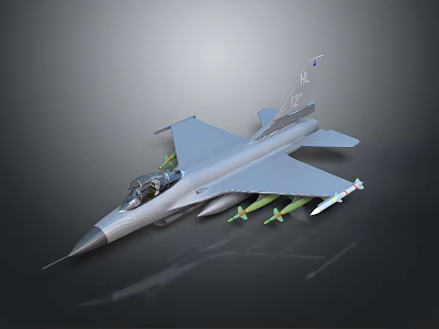 Gray Military Fighter Jet With Mounted Missiles And Reflective Dark Background 3d model
