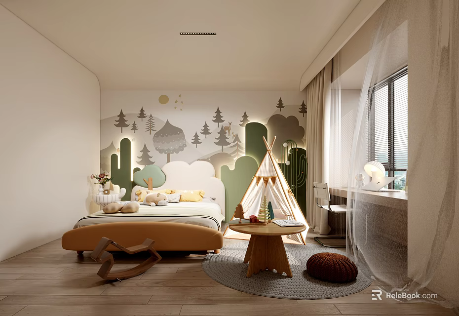 Kids Bedroom With Nature Wall Murals Teepee And Rocking Horse 3d model 