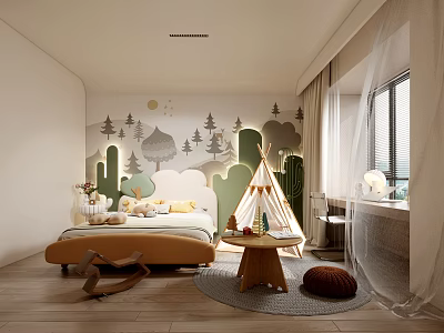 Kids Bedroom With Nature Wall Murals Teepee And Rocking Horse 3d model