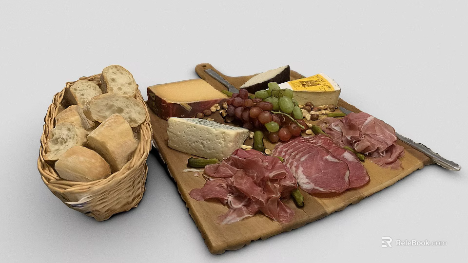 Delicious Charcuterie Board With Ham Cheese Grapes Pickles And Bread in Wicker Basket 3d model 