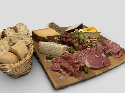 Delicious Charcuterie Board With Ham Cheese Grapes Pickles And Bread in Wicker Basket 3d model