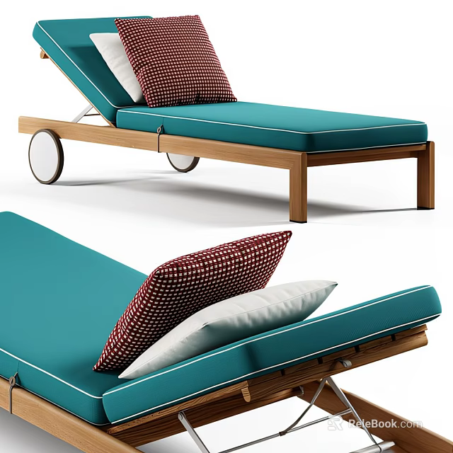Comfortable Outdoor Lounge Chair with Blue Cushion Red and White Pillow and Wooden Frame Design 3d model 