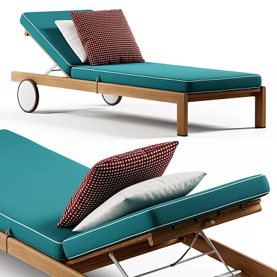 Comfortable Outdoor Lounge Chair with Blue Cushion Red and White Pillow and Wooden Frame Design 3d model