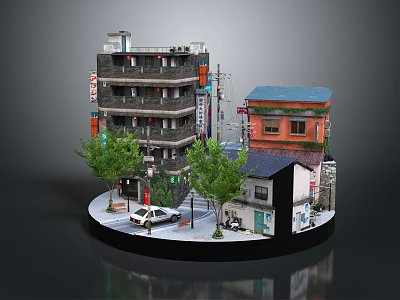 Traditional Japanese Architecture Street Scene With Multi Story Building Small Houses Trees And Vintage Car 3d model
