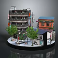 Traditional Japanese Architecture Street Scene With Multi Story Building Small Houses Trees And Vintage Car
