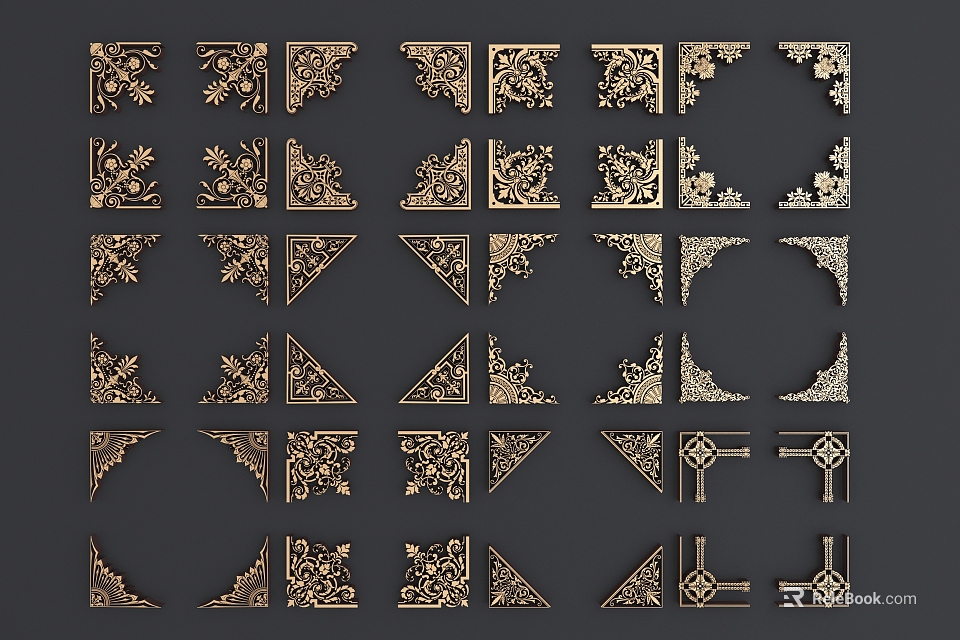 Decorative Carving Elements With Various Golden Designs And Ornamental Shapes 3d model 