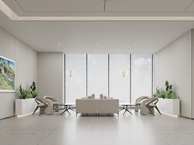 Modern Hotel Public Lounge Area With Large Windows Blinds Light Colored Sofa And Green Plants 3d model