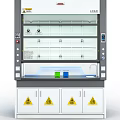 Laboratory Fume Hood With Transparent Glass Doors Shelves And Warning Signs With Green Blue Beakers