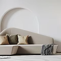 Modern Beige Sectional Sofa with Neutral Throw Pillows Striped Blanket and Arched Wall Decor 3d model