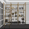 Golden Frame Decorative Cabinet With Multiple Shelves Displaying Vases Sculptures And Books