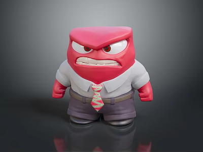 Red Cartoon Character Featuring Angry Expression Wearing White Shirt Purple Pants Pink White Striped Tie 3d model