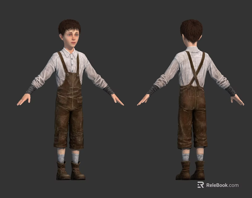 Child 3D Character in Brown Bib Overalls Long Sleeve Shirt Front Back Views 3d model 