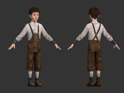 Child 3D Character in Brown Bib Overalls Long Sleeve Shirt Front Back Views 3d model