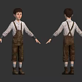 Child 3D Character in Brown Bib Overalls Long Sleeve Shirt Front Back Views 3d model