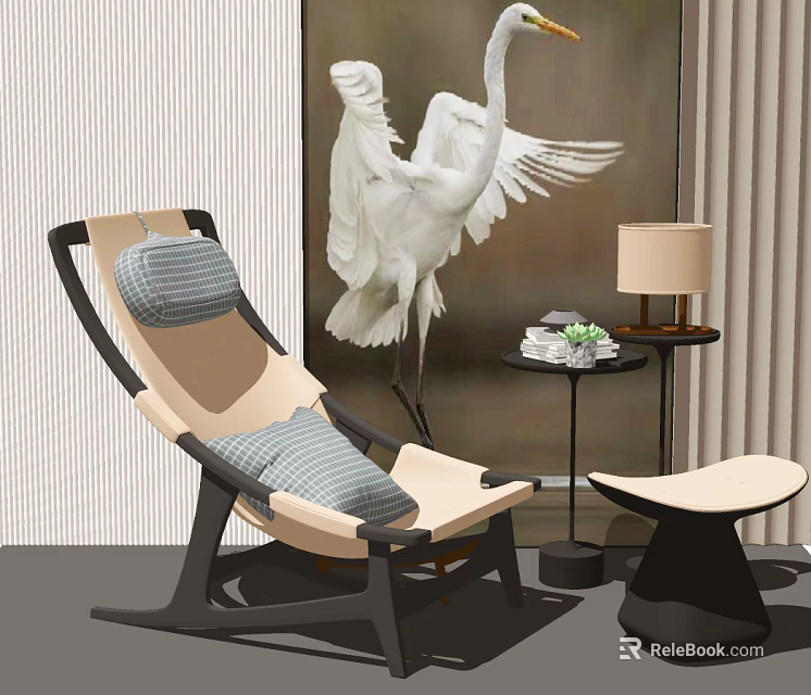 Modern Chaise Lounge With Gray Striped Cushion Side Table And Swan Decoration 3d model 