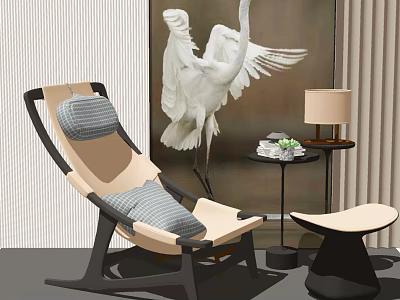 Modern Chaise Lounge With Gray Striped Cushion Side Table And Swan Decoration 3d model